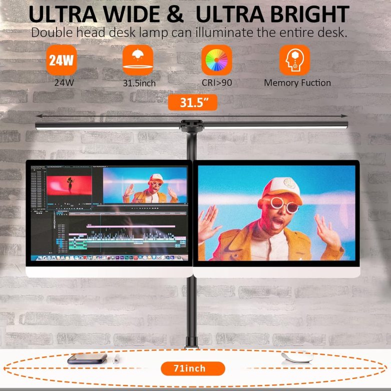 Double Head LED Desk Lamp, Architect Desk Lamps for Home Office, 24W Brightest Workbench Office Lighting-5 Color Modes and 5 Dimmable Eye Protection Modern Desk Lamp for Monitor Reading - Image 3