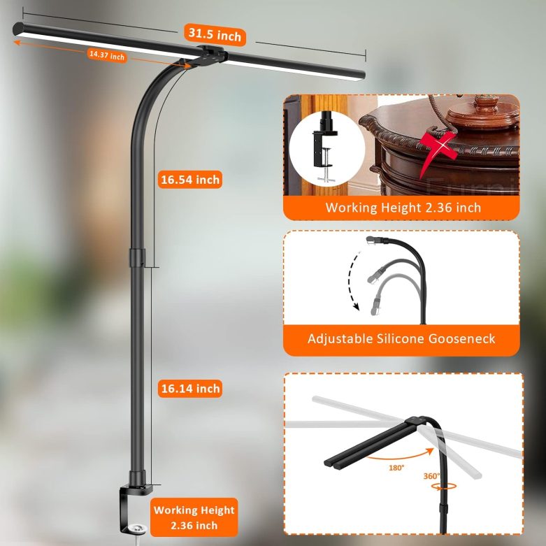 Double Head LED Desk Lamp, Architect Desk Lamps for Home Office, 24W Brightest Workbench Office Lighting-5 Color Modes and 5 Dimmable Eye Protection Modern Desk Lamp for Monitor Reading - Image 4