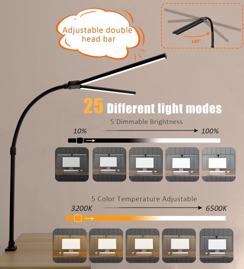 Double Head LED Desk Lamp, Architect Desk Lamps for Home Office, 24W Brightest Workbench Office Lighting-5 Color Modes and 5 Dimmable Eye Protection Modern Desk Lamp for Monitor Reading - Image 5