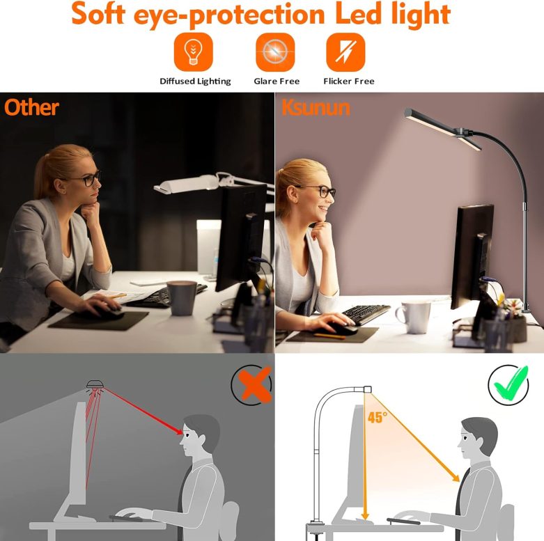 Double Head LED Desk Lamp, Architect Desk Lamps for Home Office, 24W Brightest Workbench Office Lighting-5 Color Modes and 5 Dimmable Eye Protection Modern Desk Lamp for Monitor Reading - Image 6