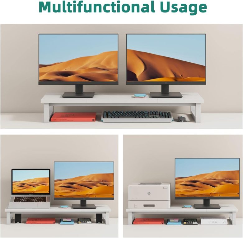 Dual Monitor Stand Riser, 39Inch Large Monitor Stands for 2 Monitors, Computer Monitor Stand, Wooden Desktop Oraganizer Shelf for Office Desk Computer,Laptop,TV - Image 4