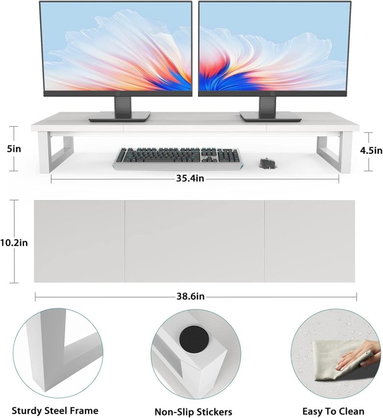 Dual Monitor Stand Riser, 39Inch Large Monitor Stands for 2 Monitors, Computer Monitor Stand, Wooden Desktop Oraganizer Shelf for Office Desk Computer,Laptop,TV - Image 7