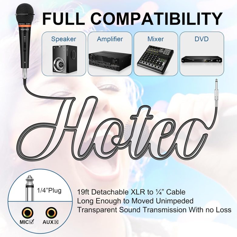 HOTEC Premium Vocal Dynamic Handheld Microphone with 19ft Detachable XLR Cable and ON/Off Switch (Metal Black) (H-W07) - Image 4
