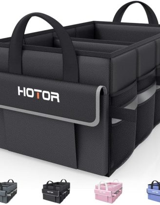 HOTOR Foldable Trunk Organizer - SUV, Sedan & Van Compatible, Sturdy Base Panel for Car Accessories, Black, 2 Compartments, 21.3"12.6"10.6"
