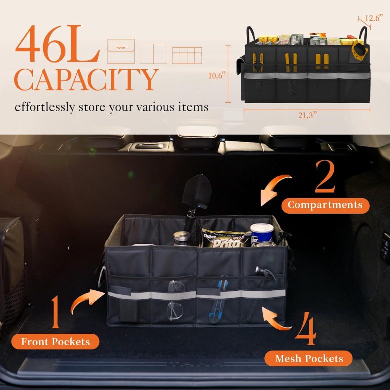 HOTOR Foldable Trunk Organizer - SUV, Sedan & Van Compatible, Sturdy Base Panel for Car Accessories, Black, 2 Compartments, 21.3"12.6"10.6" - Image 2