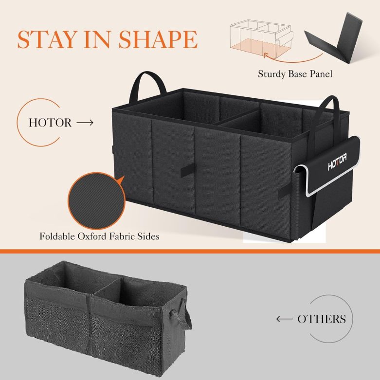 HOTOR Foldable Trunk Organizer - SUV, Sedan & Van Compatible, Sturdy Base Panel for Car Accessories, Black, 2 Compartments, 21.3"12.6"10.6" - Image 3