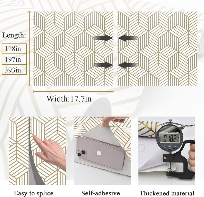MelunMer Geometric Peel and Stick Wallpaper Gold 118In L 17.7In W Self Adhesive Removable Wallpaper for Bedroom/Bathroom Waterproof Modern Contact Paper for Cabinets Gold Contact Paper Shelf Liner - Image 3