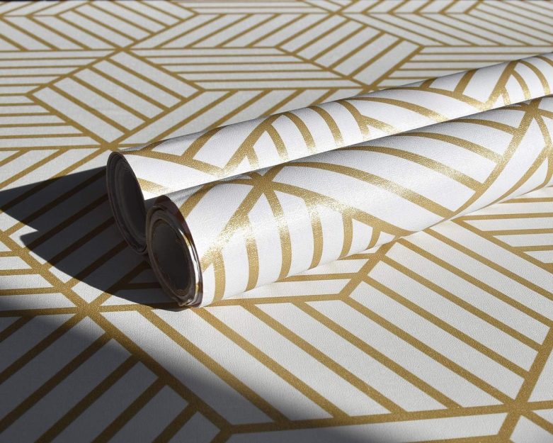 MelunMer Geometric Peel and Stick Wallpaper Gold 118In L 17.7In W Self Adhesive Removable Wallpaper for Bedroom/Bathroom Waterproof Modern Contact Paper for Cabinets Gold Contact Paper Shelf Liner - Image 6