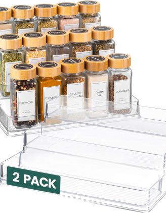 Oizeir Clear Spice Rack (2-Pack) – 3-Tier Acrylic Organizer for Cabinet – Deep Spice Shelf – 10.4 x 9.6 x 4 Inches – Holds Seasoning and Condiments