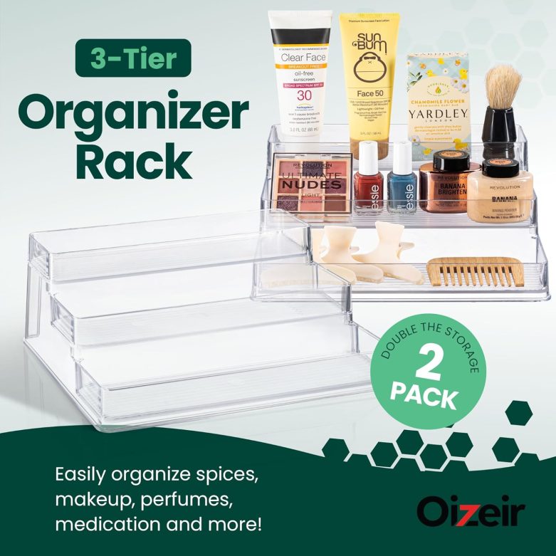 Oizeir Clear Spice Rack (2-Pack) – 3-Tier Acrylic Organizer for Cabinet – Deep Spice Shelf – 10.4 x 9.6 x 4 Inches – Holds Seasoning and Condiments - Image 2