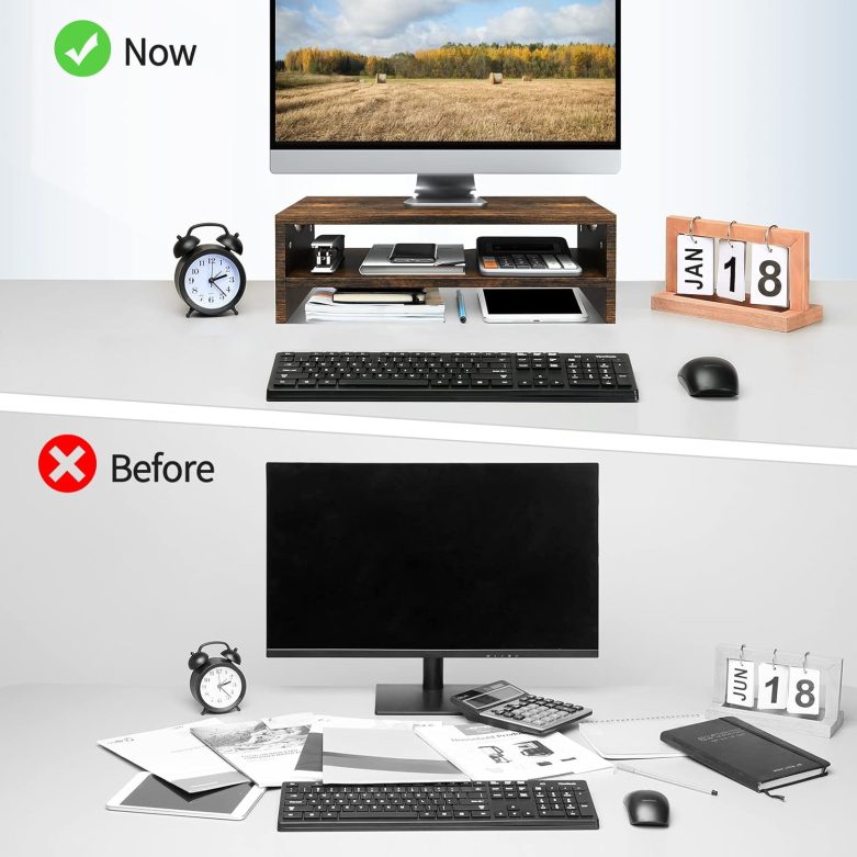 Zimilar Monitor Stand Riser, 2 Tiers Laptop Computer Monitor Riser for PC Screen, iMac, Desktop Wooden Screen Monitor Stand Riser with Storage for Home Office - Image 5